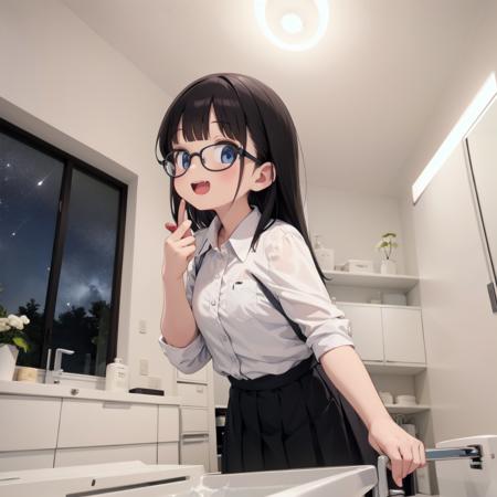 best quality, ultra-detailed, illustration,
JML, indoors, sink, door, faucet, washing machine, tiles, window, tile floor, night, ceiling light, night sky,
1girl, glasses, black hair, long hair, shirt, skirt, holding panties, holding clothes, solo, undressing, looking at viewer, gasping, laughing, happy, upper body,
<lora:JAPAN_Scenery_senmenjyo_SD15_V1:1>