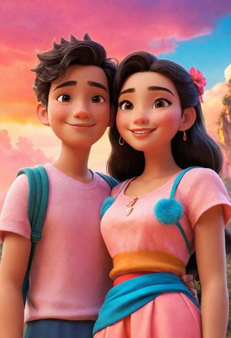 ((Disney animation style)). A flat art illustration of ((semirealistic (CGI))) wallpaper at noon time admits forests in thailand . ((1boy and 1girl)) Couples hugging each other posing for camera. ( Orange | Pink | red | blue | yellow | saffron) fluffy clouds. Analogous color shading. Reflections. Refraction. Ray Tracing. Ambient Radiance of Light. (Focus of facial details, hair shading, details of eyes, fingers. Perfectly shaped eyes. Perfectly shaped nose. Perfectly shaped node) Vibrant colours. High quality and super awesome