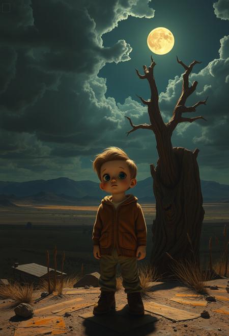 Intense dramatic lighting. Adorable, charming human figure in a surreal landscape.  American regionalism and contemporary surrealism styles blend. Dreamlike atmosphere, bizarre juxtapositions, streamlined composition, high contrast, masterful shadows, idealized reality.