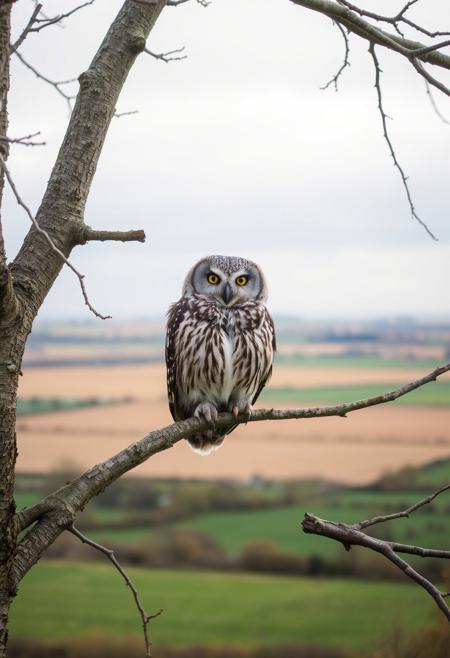 owl, looking bored, on a branch, daylight, high in a tree, plain fields in the background, rural ireland,