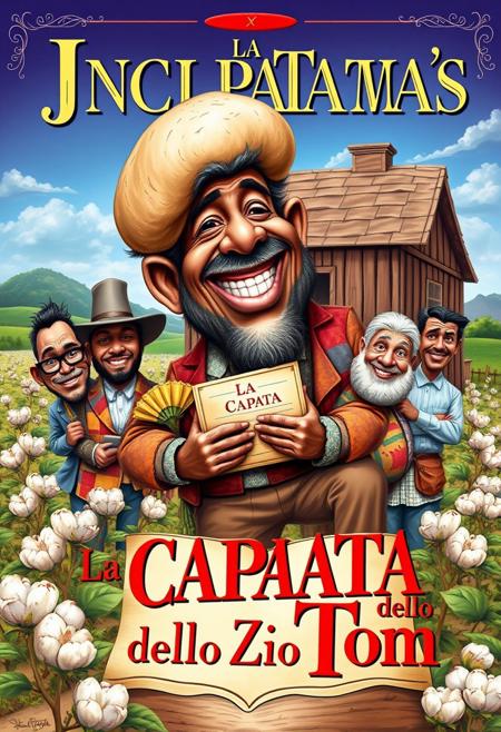 “Create a caricature-style book cover inspired by Uncle Tom’s Cabin, reimagined as La CAPATA dello Zio Tom. The design should combine humor and social commentary with bold, vibrant colors, evoking a 19th-century vintage book cover aesthetic.
Uncle Tom is depicted as a larger-than-life, jovial character with a large, exaggerated bump on his head, having just knocked it against a wall. His attire is patched yet colorful, and he’s holding an oversized, ornate contract or receipt labeled ‘La Capata,’ symbolizing the deposit. The bump on his head adds a humorous, slapstick element to the scene.
Around him, incorporate exaggerated caricatures of key characters from the novel, each embodying whimsical yet pointed social commentary. The plantation backdrop should include surreal, playful elements, such as oversized cotton plants and an idyllic yet exaggerated landscape.
The title, La CAPATA dello Zio Tom, should dominate the cover with intricate, ornate typography, blending classic 19th-century styles with a lively, modern twist. Add small, humorous details, like hidden icons or ironic elements, to complete the satirical tone while respecting the serious themes of the original work.”