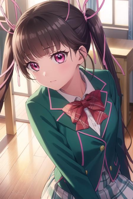 haruarisugawa, <lora:haru arisugawa s1-lora-nochekaiser:1>,
haru arisugawa, long hair, brown hair, ribbon, twintails, hair ribbon, (pink eyes:1.3),
BREAK bow, school uniform, jacket, green jacket,
BREAK indoors, classroom,
BREAK looking at viewer, (cowboy shot:1.5),
BREAK <lyco:GoodHands-beta2:1>, (masterpiece:1.2), best quality, high resolution, unity 8k wallpaper, (illustration:0.8), (beautiful detailed eyes:1.6), extremely detailed face, perfect lighting, extremely detailed CG, (perfect hands, perfect anatomy),