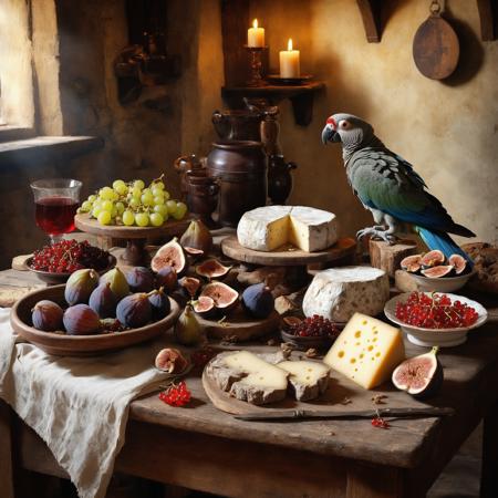 a medieval tavern, still life, god rays, cheese, currants, figs, cooked mutton, bread, vintage photo, parrot