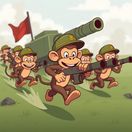 Cartoon monkeys running an artillery corps