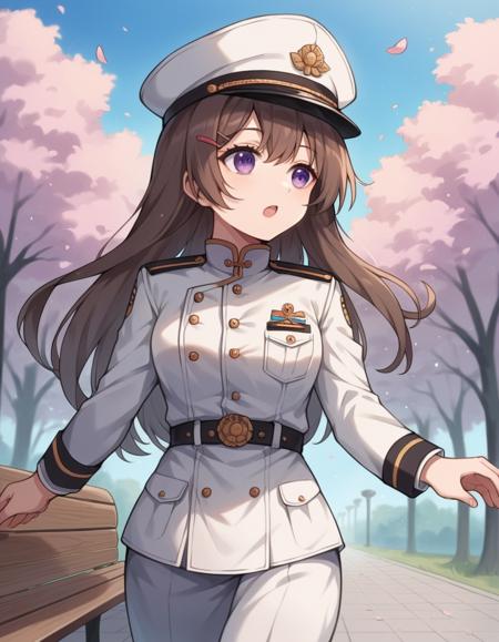 china moeka, long hair, brown hair, purple eyes, hair ornament, hat, hairclip, uniform, military, military uniform, peaked cap, naval uniform, white uniform,