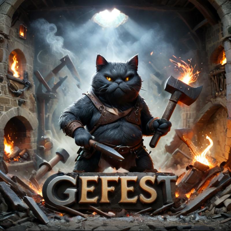 Fantasy poster of a black cat holding a hammer and wearing a belt, with the word "Geefest" in front of a stone wall.