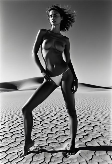 score_9, score_8_up, photorealistic, high-contrast black and white nude in the style of Herb Ritts, tall woman standing on cracked desert earth, light cutting across her ribcage and hips, wind lifting her hair, stark shadow on the sand, natural strength, fashion-infused simplicity, body as sculpture