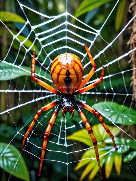 ais-colorfulplastic a spider sat in its web waiting for prey, surrounded by jungle <lora:Colorful_Plastic_SDXL:1>