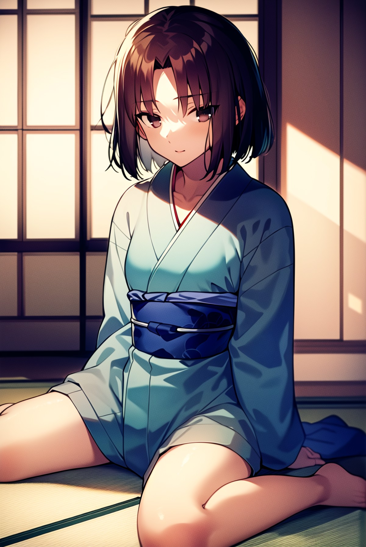 ((masterpiece,best quality, detailed)), 1girl, solo, indoors, tatami, wariza, full body, barefoot, ryougi shiki, obi, blue...