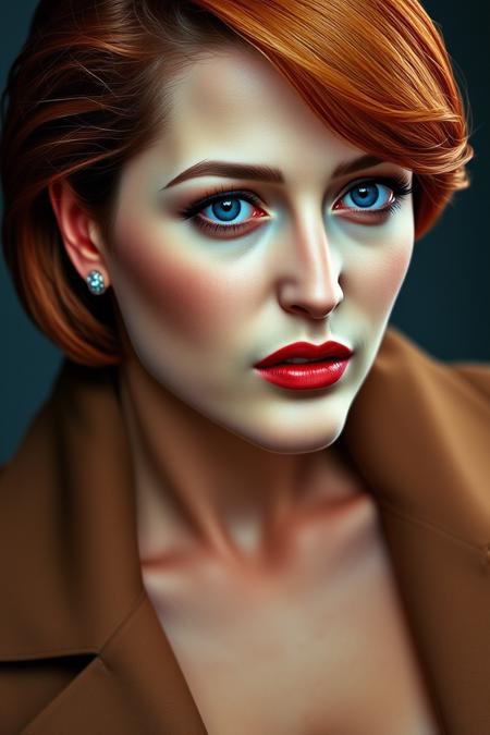 upper body high fashion photo of a woman with red hair. Natural makeup, abstract art, Exquisite detail, high resolution photo, realistic photo, intricate detail, natural lighting, elegant jacket, agentscully