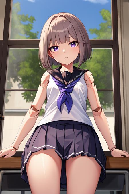 1girl, best quality, sharp focus, absurdres, solo, highly detailed eyes, doll joints, (short hair, blunt bangs, bob cut:1.25), grey hair, brown hair, (school uniform, white shirt, sleeveless, pleated skirt:1.4), looking at viewer, purple eyes, indoors, school, jitome, cowboy shot, small breasts, flat chest, sitting, desk, by window, POV, up front, from below, furrowed brow
 <lora:HertaLORA-V6:1>