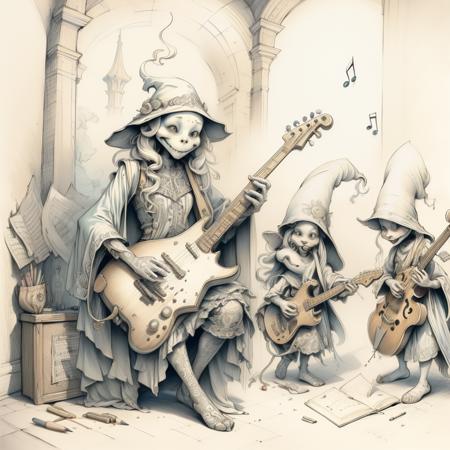 DiterlizziArtAI {  
 ghost music band
 }  whimsical, 
Highly detailed, intricate, pastel and pencil sketch,  (amazing,  trending on artstation,  detailed background:1.1) 