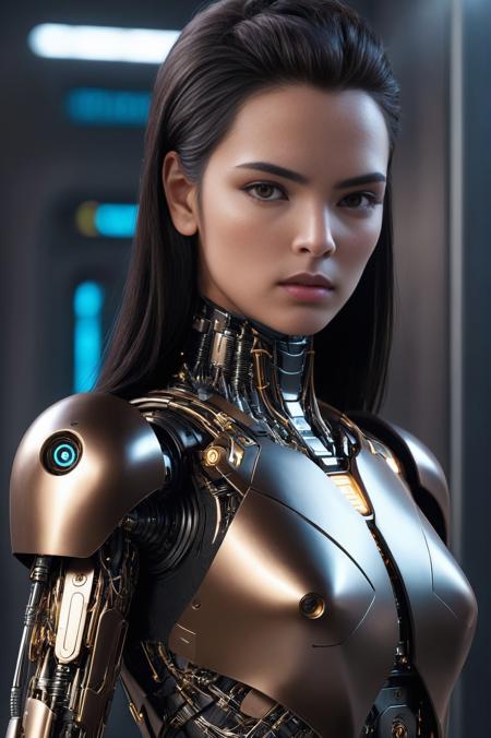 cybernetic robot <lora:TalisaSotoSDXL-000008:1>, (full-body photo:1.5) of TalisaSotoSDXL as a futuristic cyborg queen, dark-brown straight hair, brown eyes, (highily detailed face, highily detailed eyes:1.3), detailed skin texture, (blush:0.5), (goosebumps:0.5), subsurface scattering, (extremely detailedskin:1.5),(matte skin:1.7), healthy human skin, human skin has [visible|[(wrinkles:0.625)|small pores]], unretouched skin . android, AI, machine, metal, wires, tech, futuristic, highly detailed