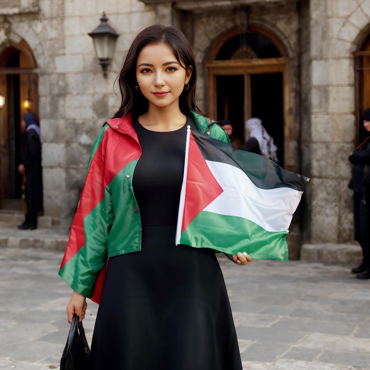 A woman in a black dress is holding a flag with a green, white, and red design.