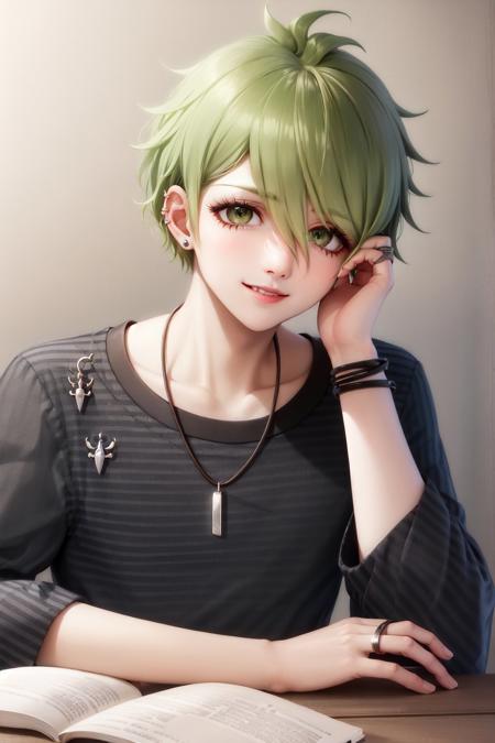 amami rantaro striped shirt long sleeves pants jewelry necklace earrings ring bracelet ear piercing collarbone