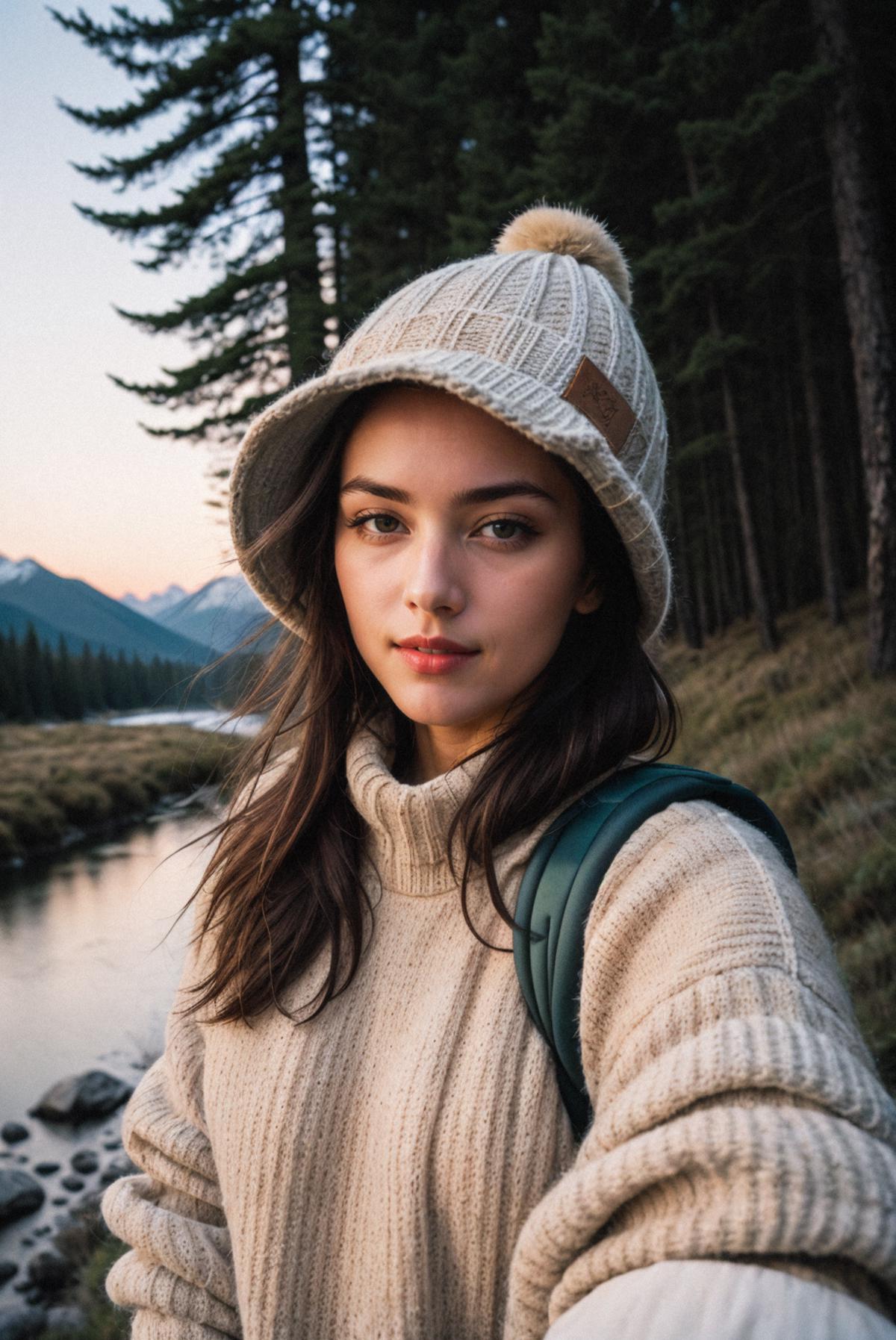 A woman in a beanie and sweater with a backpack on the side of a mountain.