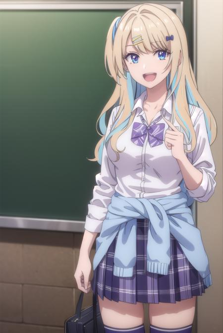 lunashirakawa, <lyco:lunashirakawa-lyco-nochekaiser:0.8>,
luna shirakawa, long hair, blue eyes, blonde hair, hair ornament, bow, multicolored hair, hairclip, <lora:talkmouth_A_v100:1>, open mouth, smile,
BREAK skirt, shirt, thighhighs, bow, school uniform, white shirt, pleated skirt, shoes, black thighhighs, bowtie, blue skirt, plaid, plaid skirt, loafers, purple bow, clothes around waist, gyaru, purple bowtie,
BREAK looking at viewer,
BREAK indoors, classroom, (cowboy shot:1.5),
BREAK <lyco:GoodHands-beta2:1>, (masterpiece:1.2), best quality, high resolution, unity 8k wallpaper, (illustration:0.8), (beautiful detailed eyes:1.6), extremely detailed face, perfect lighting, extremely detailed CG, (perfect hands, perfect anatomy),