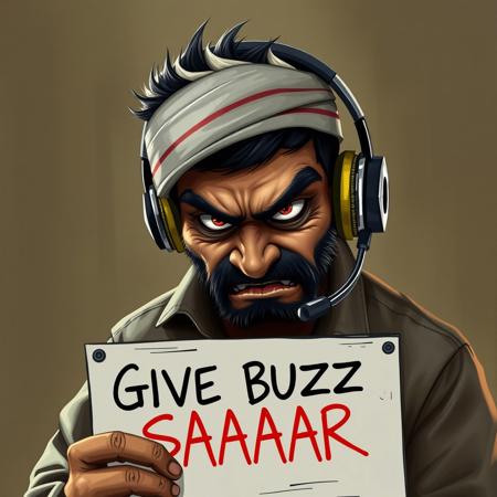 indian tech support guy, with creepy looking eyes holding a sign that says "GIVE BUZZ SAAAR", looking angry