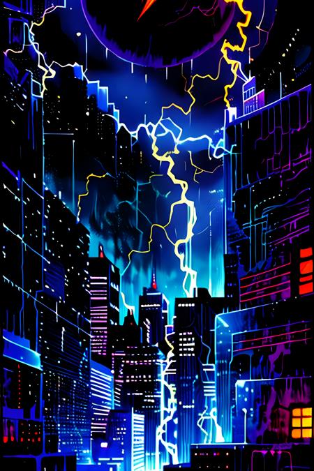 demon god,city with a lightnings in the sky, blue color <lora:tarot card v3:1>