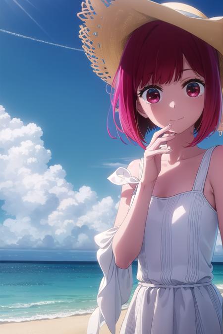 kanaarima, <lora:kana arima s1-lora-nochekaiser:1>,
kana arima, short hair, bangs, (red eyes:1.3), red hair, bob cut, smile,
BREAK hat, dress, ribbon, sleeveless, white dress, sleeveless dress, white headwear, sun hat, sundress,
BREAK outdoors, ocean, beach, sun, sky, clouds, day,
BREAK looking at viewer, (cowboy shot:1.5),
BREAK <lyco:GoodHands-beta2:1>, (masterpiece:1.2), best quality, high resolution, unity 8k wallpaper, (illustration:0.8), (beautiful detailed eyes:1.6), extremely detailed face, perfect lighting, extremely detailed CG, (perfect hands, perfect anatomy),