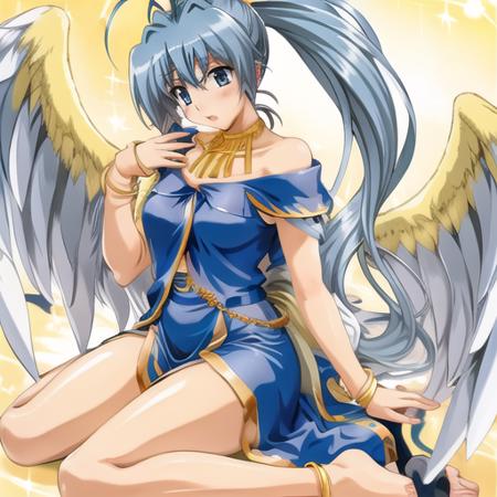 masterpiece, best quality, <lora:Hayate:0.7>, hayate ayasaki, solo, boy, long hair, blue eyes, blue hair, ponytail, necklace, gold necklace, bracelets, gold bracelets, gloves, blue gloves, fingerless gloves, goddess dress, barefoot, anklets, gold anklets, angel, wings, angel wings, white wings, letters, barefoot, flat chest, temple