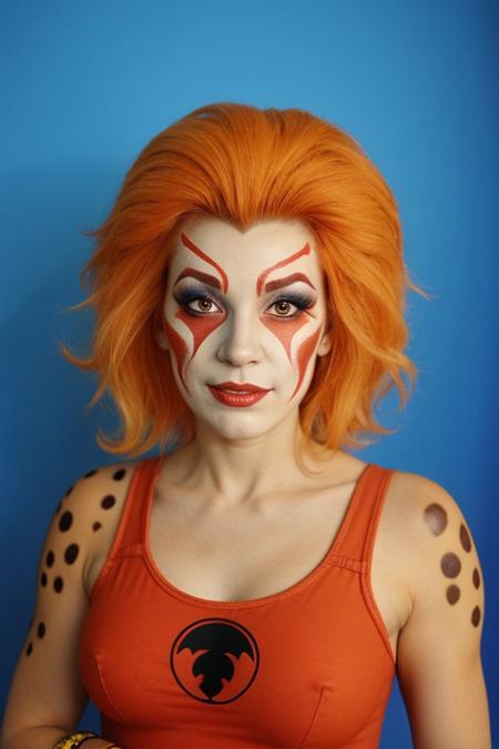 Cheetara from thundercats, absurdres, cheetara, long flowing hair, Cheetara bodysuit, orange bracer, bracelet, upper body <lora:Cheetara_v1-000077:1>,"Cheetara facepaint makeup"