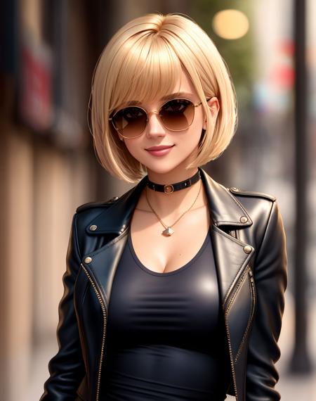 4K, Masterpiece, highres, absurdres,natural volumetric lighting and best shadows, deep depth of field, sharp focus, smiling,soft delicate beautiful attractive face,
blonde Nadia with sunglasses and a choker, leather jacket, miniskirt,
with an edgBobCut hair posing for a picture in a dress, blunt bangs,
cowboy shot, <lora:edgBobCut:1> <lora:Nadia:0.3>