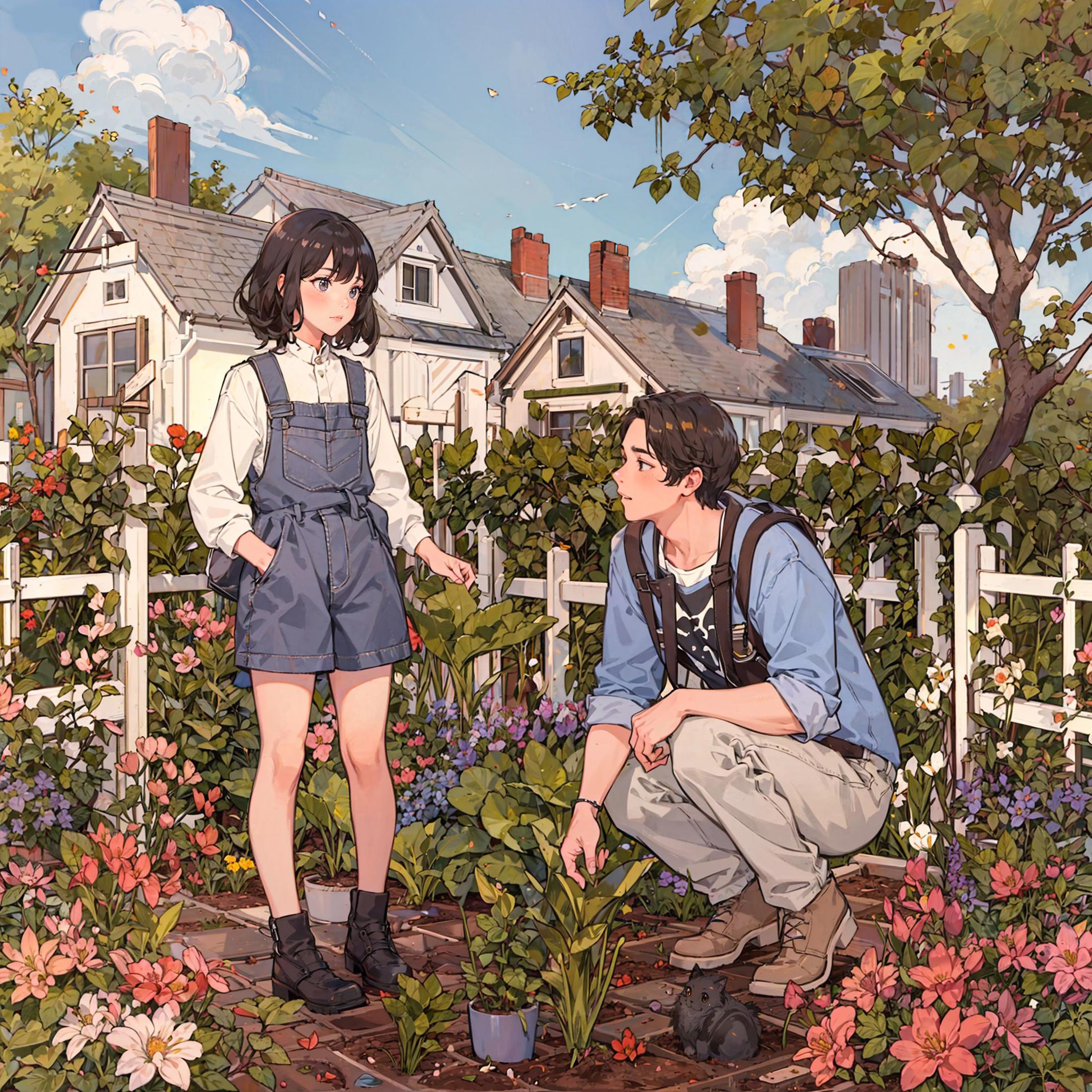 A boy and a girl tending to a garden together.