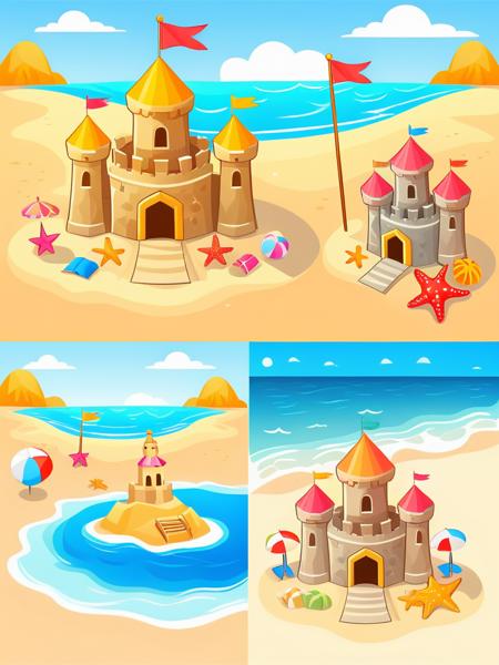 Sand castle on summer sea beach cartoon vector. Cute sandcastle isolated game icon for vacation activity. Travel sculpture with flag and starfish clipart set. Creative child palace build graphic , <lora:CartoonStyle_Hap_XL:1.6>,cartoon style,anime,masterpiece,UHD,perfection,perfect,detailed, <lora:add-detail-xl:0.01> ,<lora:hand 4:0.00001> ,<lora:OverallDetailXL:0.0001>, <lora:detailed_notrigger:0.0001> ,<lora:xl_more_art-full_v1:0.01>, <lora:XDetail_light:0.00001> ,<lora:perfection style:0.00001>, <lora:age:0.00001>,