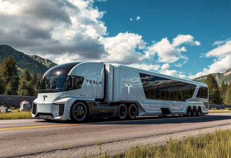 plants, trees, surrounded by trees and mountains in the background. the sky is blue with some clouds., yfg-r1gs a white tesla semi truck driving down a road with mountains in the background. the truck is surrounded by lush green grass and the sky is filled with white, with a logo on the vehicle and a cloudy sky in the background. the trailer has 8 sets of axles., yfg-r1gs a futuristic bus driving down a road with a futuristic design, surrounded by rocks and trees. the truck is part of the gmc black widow concept, with a wall in the background and a clear blue sky above., with a starry sky above.