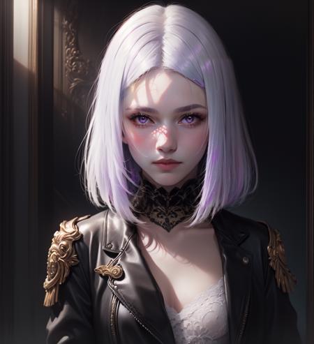 (artwork), (masterpiece), (amazing work), (masterpiece), (extremely detailed CG 8k unit wallpaper), <lora:GoodHands-vanilla:0.6>, <lyco:Nova-15:1.0>, (blunt ends,straight hair:1.4), medium hair, (white hair:1.4), tall female, small breasts, petite, colored tips, leather jacket, natural skin texture, hyperrealism, hdr, hyperdetailed, RAW photo, photorealistic, best quality, highres, realistic, 8k, caustics, dynamic light, beautiful and delicate lips, delicate fingers, detailed pupil, real human skin, <lora:GoodHands-vanilla:0.8>