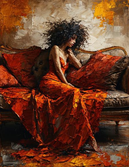 A free-spirited artistâs muse with wild, curly hair, lounging on a draped sofa. Thick, swirling impasto strokes define her flowing dress and the folds of fabric around her. Warm, earthy palette with bold highlights, post-impressionist influence, visible palette knife marks.