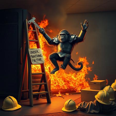 realistic, realism, surreal, monkey in armor holding a wrench, breakdancing on step ladder, in front of burning server machine, server is on fire. (a paper sign on ladder say "UNDER MAINTENANCE, EVERYTHING IS FINE"), there are hard hats and pizza boxes on the floor, a monk is kneeling in prayer on the floor.