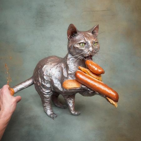 cute cat made by copper eating a hotdog