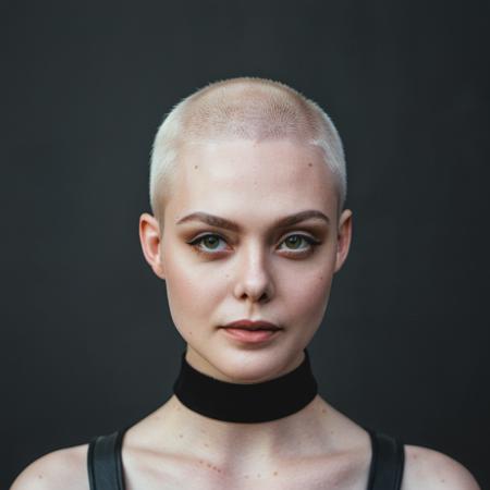 Photo of a woman with no hair wearing a choker necklace and ((lipgloss)),f /2.8, Canon, 85mm,cinematic, high quality, skin texture, looking at the camera,   <lora:elfanning_xl_1_standard-000081:1>