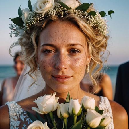 Stunning 35mm photo of a 42 years old Dutch woman, ((an breathtaking wedding dress)), very pretty, fit, skinny, highly detailed face, highly detailed skin, freckles, many freckles on arms and tits, freckles and moles all over body, natural breasts, perfect breasts, hard nipples, Rounded ass, blonde hair, pubic hair, short hair, messy hair, medium hair, brown eyes, highly detailed skin, highly detailed face, in love, happy, detailed pupils, at her wedding party, in a beach club on the Dutch coastline, holding a pretty bouquet of flowers, emotional face, emotional but happy after her new husbands beautiful speech, sunset, you can tell from the expression on her face that she is highly sexually aroused, low light, soft natural light, Rembrandt style light, made with a Hasselblad camera, 35mm, film grain, masterpiece, sharp focus, ((Photorealistic:1))