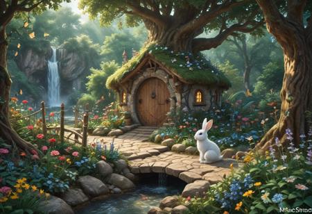 (Isekai anime style.Anime coloring.(0.9))In a whimsical world, a beautiful fairy garden blooms with vibrant flowers and sparkling fountains. A delicate, crystal bridge spans a gentle stream, leading to a majestic tree with leaves that shimmer like diamonds. A friendly, fluffy rabbit hops along the winding path, surrounded by fluttering butterflies and sweet, singing birds. The garden is filled with hidden treasures, like a tiny, glowing fairy door and a secret, shimmering cave. A soft, fluffy cloud drifts lazily across the sky, casting a warm, gentle shadow over the garden. The air is filled with the sweet scent of blooming flowers and the soft, soothing sound of gentle chimes. It's a peaceful, magical place where dreams come alive and wonder waits around every corner.master_class,master_piece,up_8,up_9,perfect beautiful,perfect beautiful early morning light.