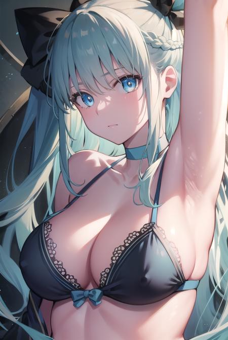 morganlefay, <lora:morganlefaytest:1>, morgan le fay, black bow, bow, (light blue hair:1.2), blue eyes, choker, hair bow, hair ornament, long hair, ribbon,
BREAK bikini,
BREAK outdoors, beach,
BREAK looking at viewer, 
BREAK <lora:GoodHands-vanilla:1>, (masterpiece:1.2), best quality, high resolution, unity 8k wallpaper, (illustration:0.8), (beautiful detailed eyes:1.6), extremely detailed face, perfect lighting, extremely detailed CG, (perfect hands, perfect anatomy),