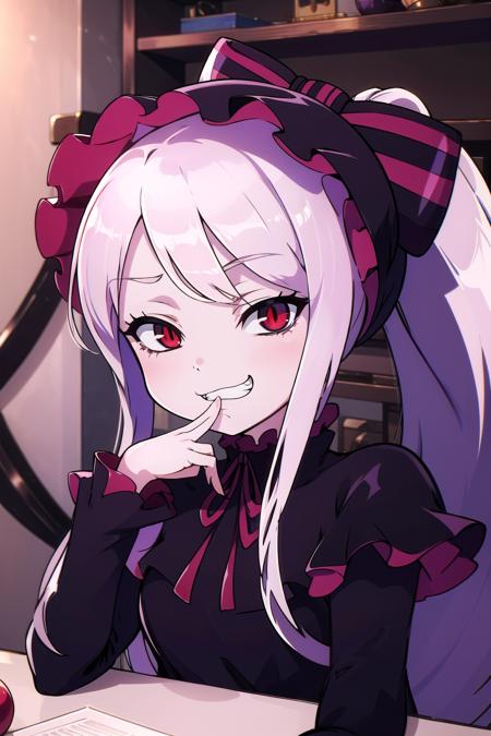 absurdres, highres, ultra detailed, <lora:ShalltearV3333-000023:0.7> shalltear, gray hair, red eyes, bonnet, hair bow, ponytail, black dress, long sleeves, looking at viewer, grin, :3, fang, fang out, teeth, upper body, hand to own mouth, looking at viewer, indoors, marble wall,<lora:Msgk_face:1>