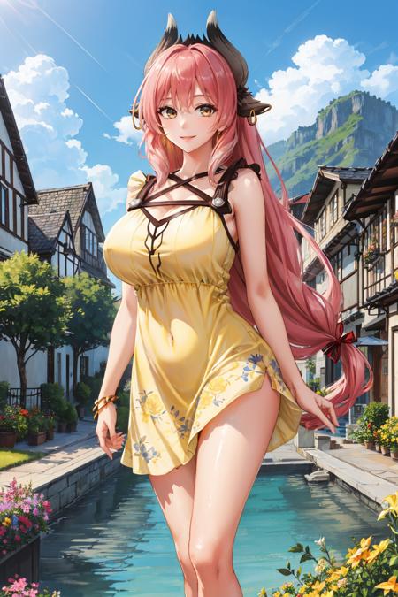 masterpiece, best quality,   <lora:ysragingbull-nvwls-v1-000009:0.9> ysRagingBull, horns, cow ears, earrings, single braid, (yellow sundress:1.5), huge breasts, flowers, flower patch, village, looking at viewer, smile