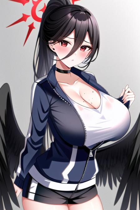 <lora:hasumi:0.7> hasumi(blue archive), gym cloth, gym shorts, 1girl, breasts, solo,red eyes, wings, halo, long hair, gym uniform, black hair, shorts, huge breasts, black wings, jacket, choker, ponytail, hair between eyes, blush, looking at viewer, shirt, mole, white shirt, track jacket, mole under eye, low wings, feathered wings,  simple background, bangs, partially unzipped,  cleavage, thighs, long sleeves