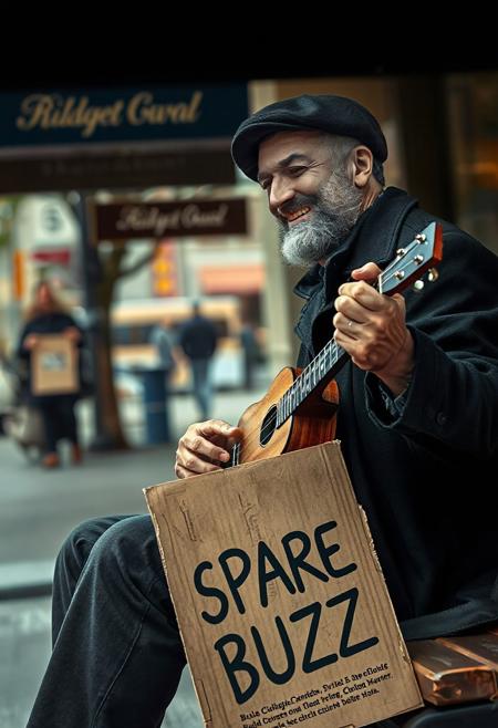 Realism, Real life, Realistic, high quality, great anatomy, accurate, 1man, black berret, black coat, short beard, playing ukulele, smiling, sitting, bench,
Cardboard, text,
"SPARE BUZZ", detailed text,
Side view, dynamic angle, from below, city street