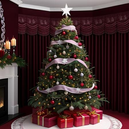 Exquisite white christmas with purple-red silk, beautiful christmas tree with diamond star with green tree and rubies