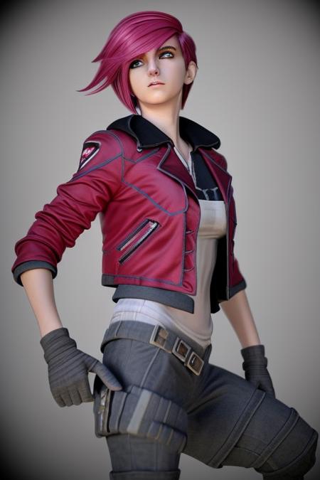 <lora:ArcaneVi-000021:1> arcanevi, a woman with medium short pink hair wearing a red leather jacket, female face, unreal engine character art, full body