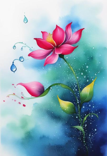 ink painting, a dancing flower and dew