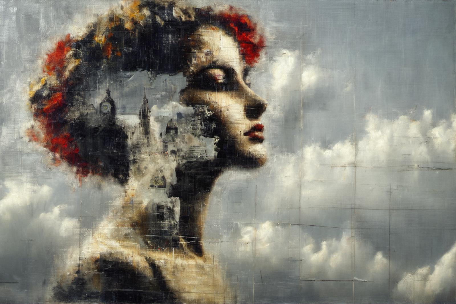 A woman's face is painted in a surreal, abstract style, with clouds and buildings surrounding her as she gazes into the distance.