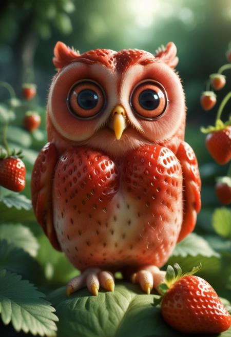8k, photorealistic, dof, colourful, soft light, high-resolution picture,
A cute red owl made of strawberry, 
big eyes, detailed eyes, 
garden background,