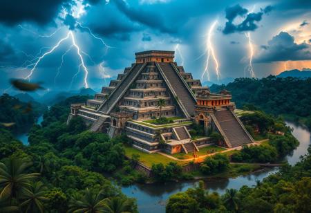 A breathtaking aerial view of the legendary Mayan mega structures, largest Mayan pyramid, reservoir, river, large Mayan work force building, vibrant thriving civilization, people working, captured in stunning 8K resolution,