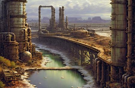 (impressionism:1.05), salt flat, Cliff/Bluff, industrialism, (john berkey:1), rural, a painting,scenery,scene painting, plant,industrial pipe,stairs,steampunk city scene, <lora:å·¥ä¸è¸æ±½:0.7>,