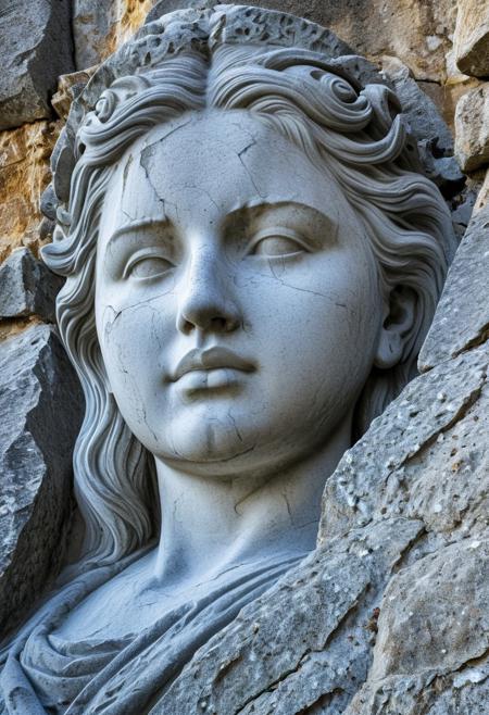 close up Create a striking and thought provoking composition on an old statue, very large stone face carved into a rock cliff, rock flaking